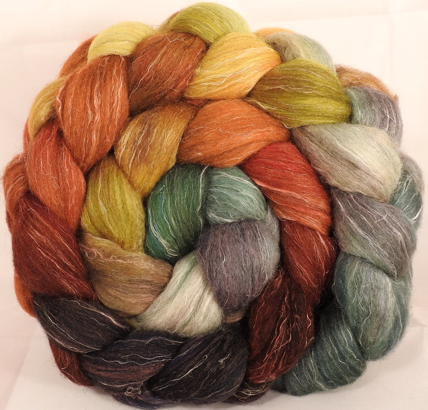 Batt in a Braid #38 -Gourds (5.4 oz.)Shetland/ Falkland Merino / tussah silk/ flax (40/25/25/10) - Inglenook Fibers