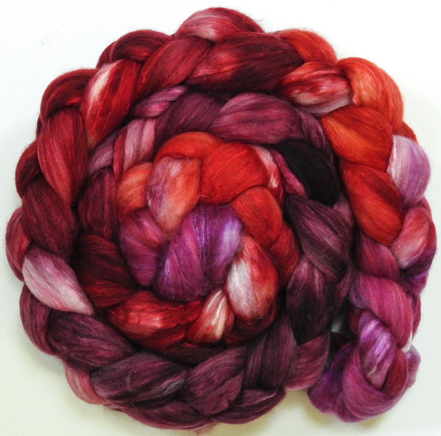 Maraschino Cherry Light-(5.6 oz) Batt in a Braid #5- Merino/ Camel/ silk/ faux cashmere/ firestar (25/25/25/12/12)