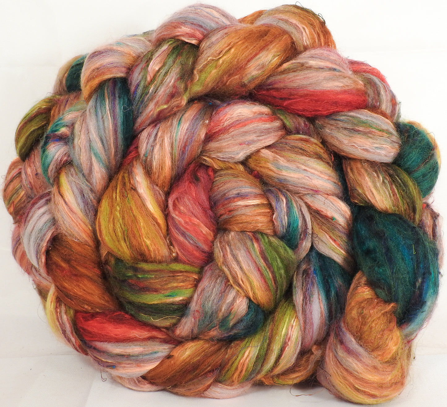 Batt in a Braid #39-SARI- 7 -Falkland Merino/ Mulberry Silk / Sari Silk (50/25/25) - Inglenook Fibers