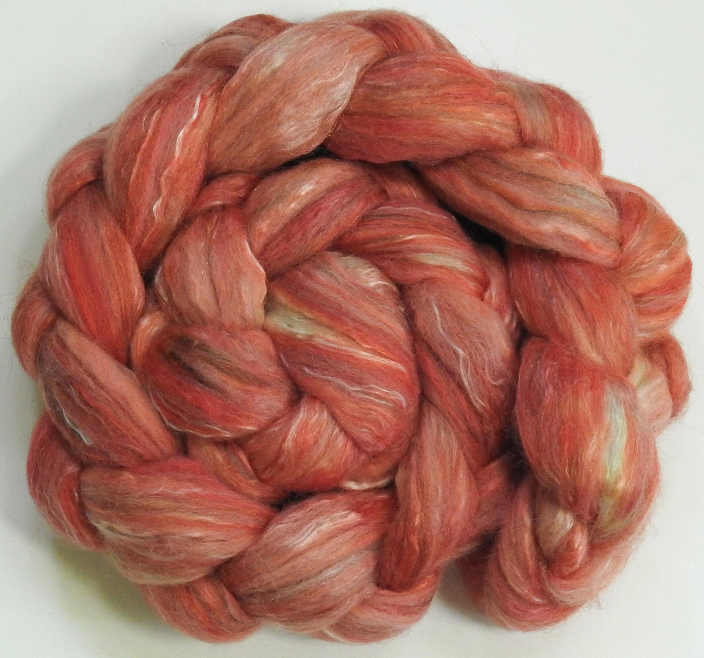 Flamingo -Batt in a Braid #31- Polwarth/ Mulberry Silk / Baby Alpaca / Rainbow Firestar/ Tencel( 40/25/15/10/10)