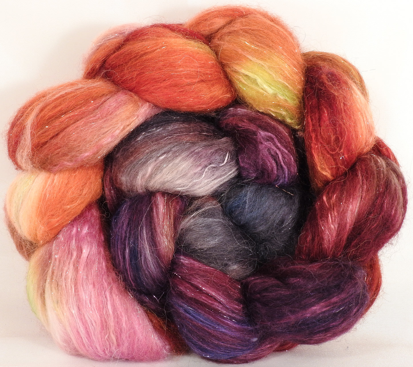 Batt in a Braid #41 - Blood Orange - (5 oz.) Llama / Merino ( 18 mic.)/ Mulberry silk/ Stellina (40/30/25/5) - Inglenook Fibers