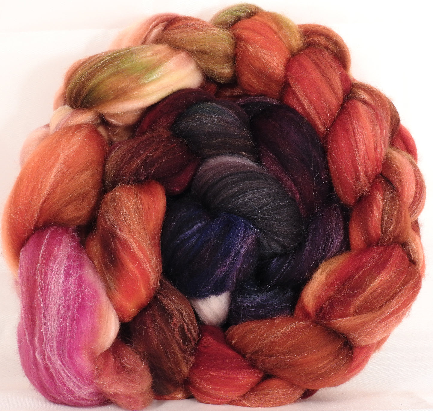 Batt in a Braid #35 - Blood Orange - (4.6 oz.) Sw Merino (18.5 mic) /Merino (18.5 mic) / Tussah Silk (40/40/20) - Inglenook Fibers