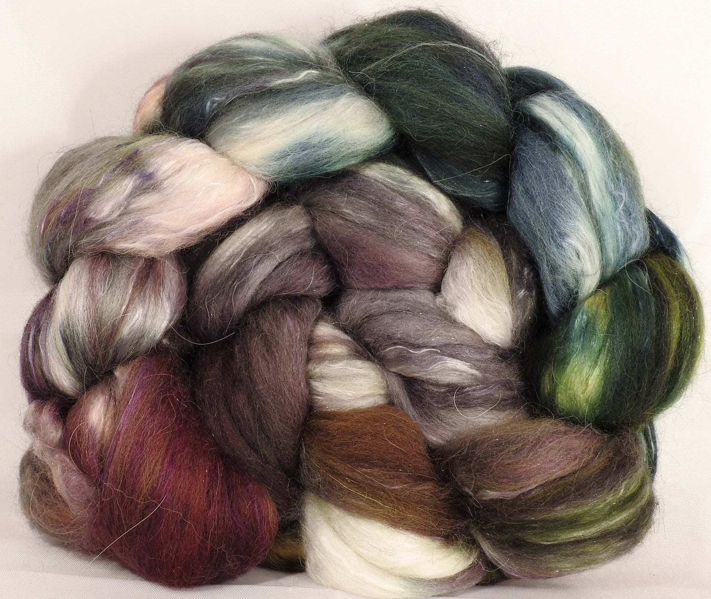 Batt in a Braid #41 - Peppercorn - (4.45 oz.) Llama / Merino ( 18 mic.)/ Mulberry silk/ Stellina (40/30/25/5) - Inglenook Fibers