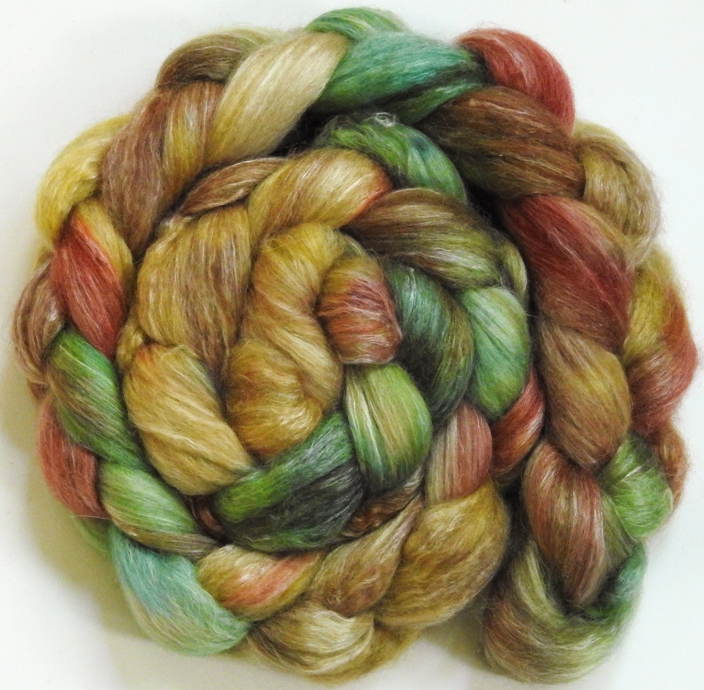 Pistachio- (5.3 oz) Batt in a Braid #57- Camel/Baby Alpaca/Mint fiber (50/25/25)