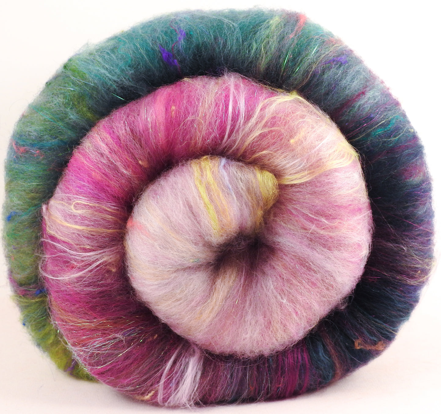 SPARKLE Roly-Poly Batts- Peach Blossom (3.7 oz)- 35% Corriedale fleece, merino, polwarth, silk, bamboo, silk noil, ANGELINA