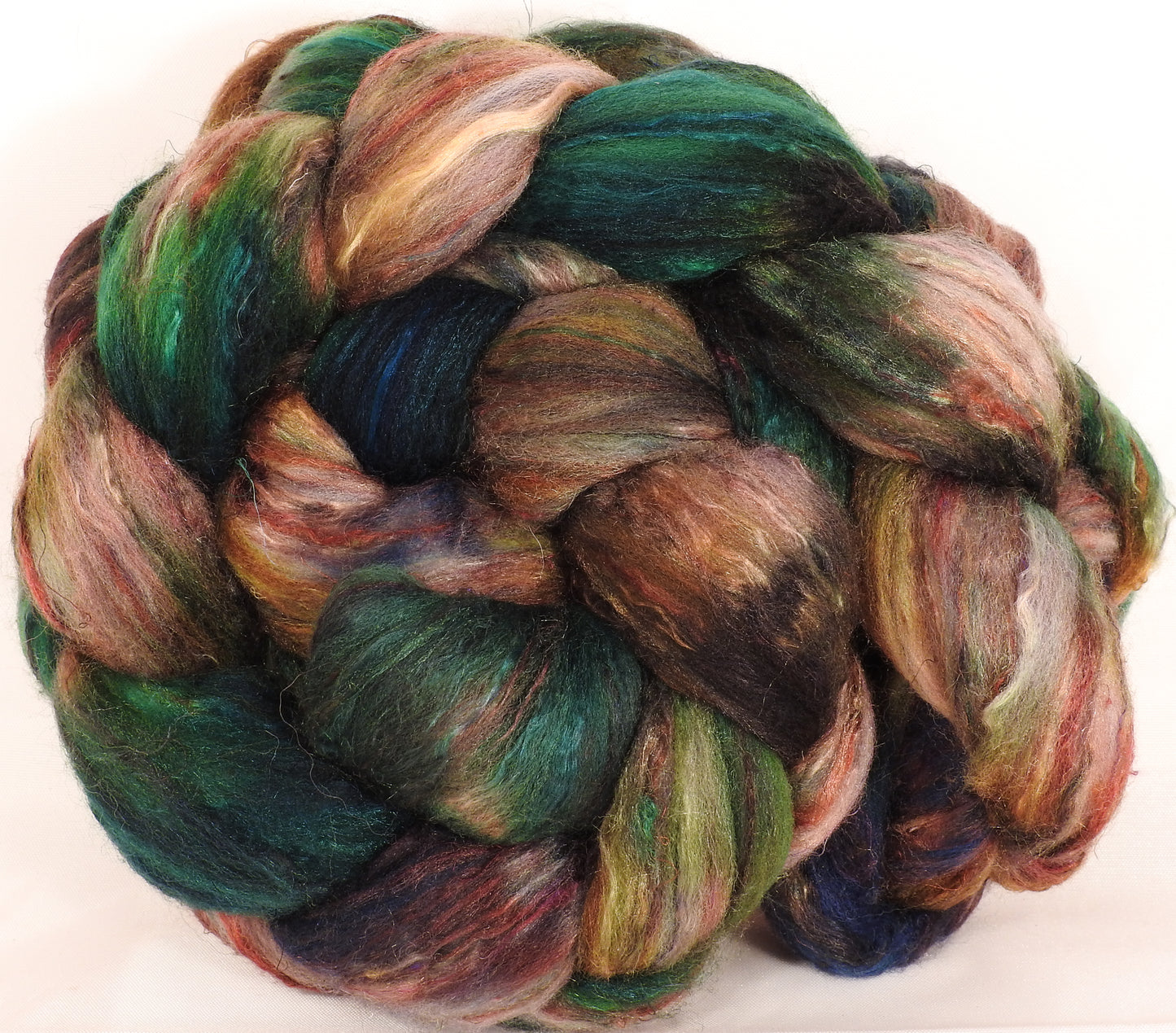 Batt in a Braid #39-SARI-21-(4.6 oz.)Falkland Merino/ Mulberry Silk / Sari Silk (50/25/25) - Inglenook Fibers