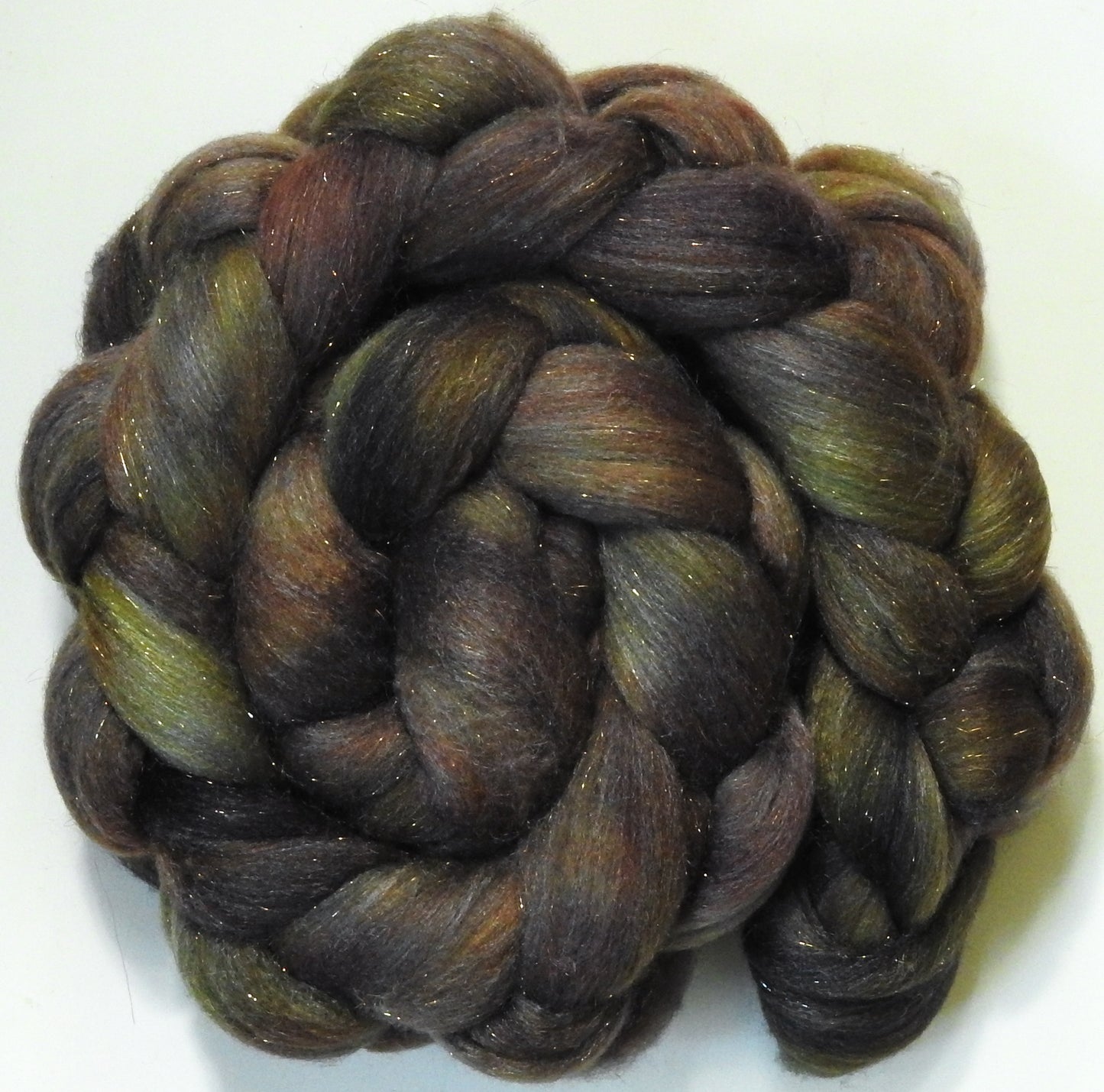 Driftwood-(5.5 oz) Batt in a Braid #58-Superfine Merino/ Tussah silk/ Gold Stellina(65/25/10)