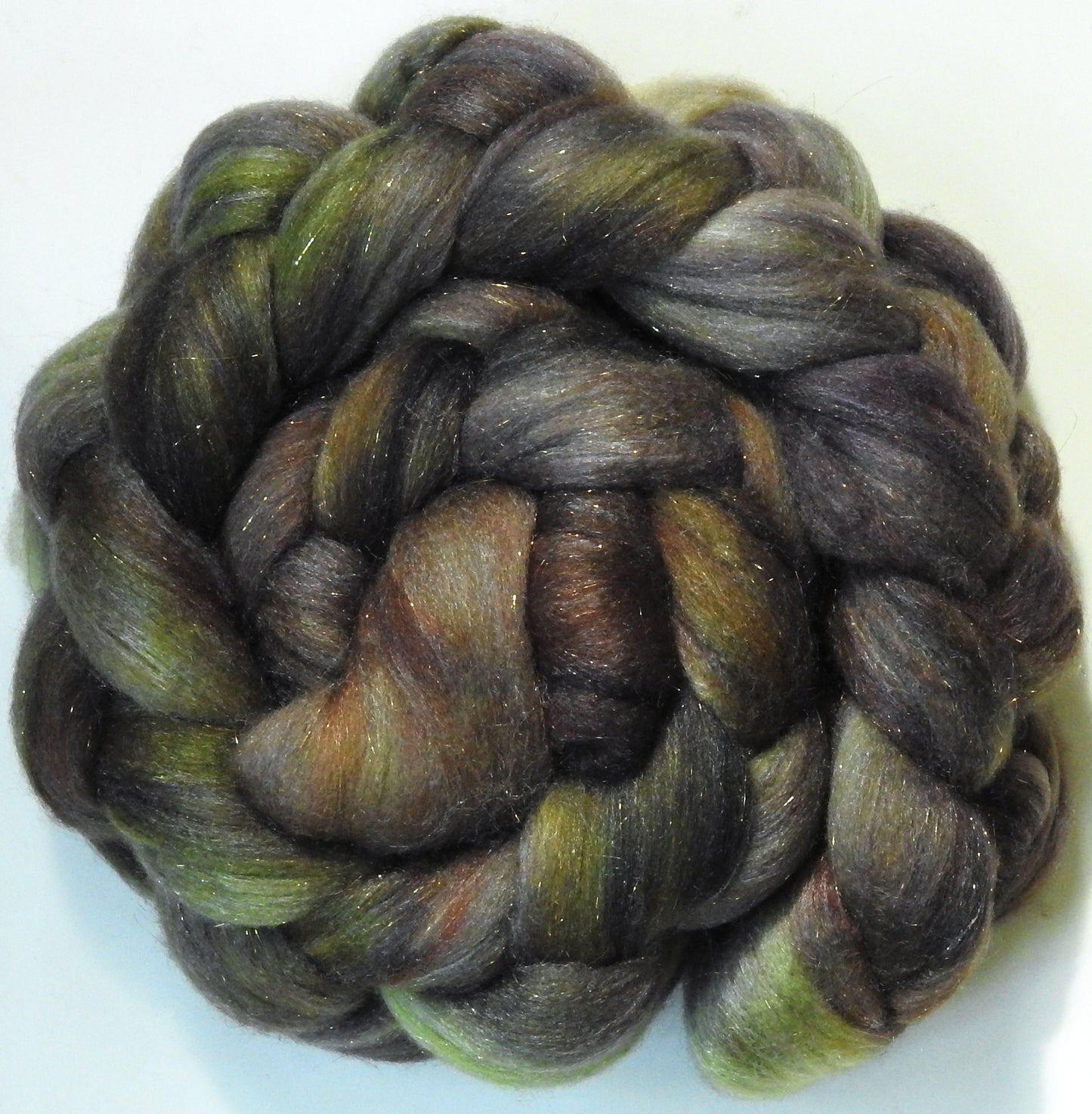 Driftwood-(5.5 oz) Batt in a Braid #58-Superfine Merino/ Tussah silk/ Gold Stellina(65/25/10)