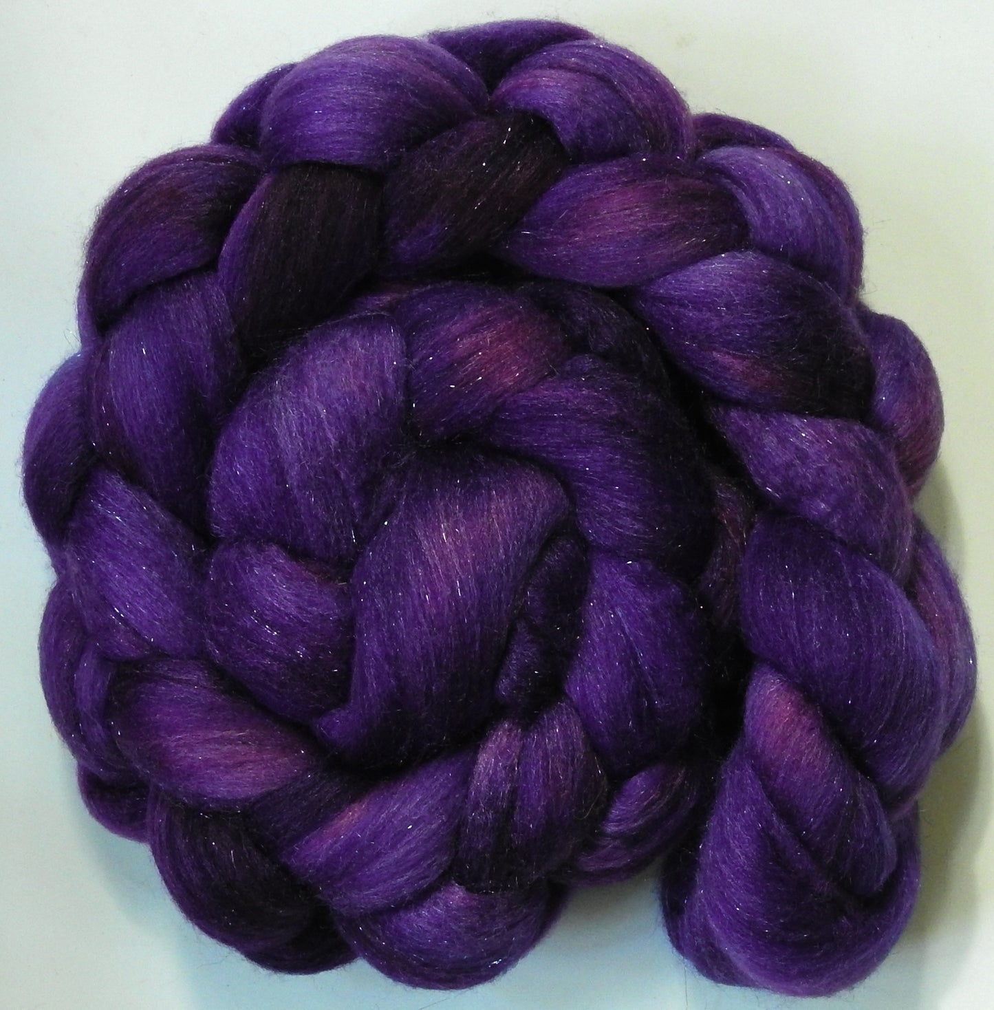 Damson Plum-(5.5 oz) Batt in a Braid #58-Superfine Merino/ Tussah silk/ Gold Stellina(65/25/10)