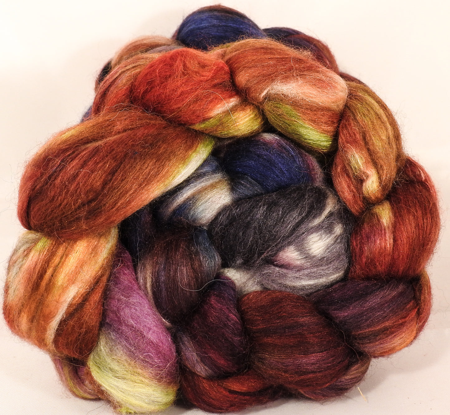 Batt in a Braid #40- Blood Orange - (4.65 oz) YAK / Baby Alpaca / Mulberry silk/ Merino (18 mic)(30/30/30/10) - Inglenook Fibers