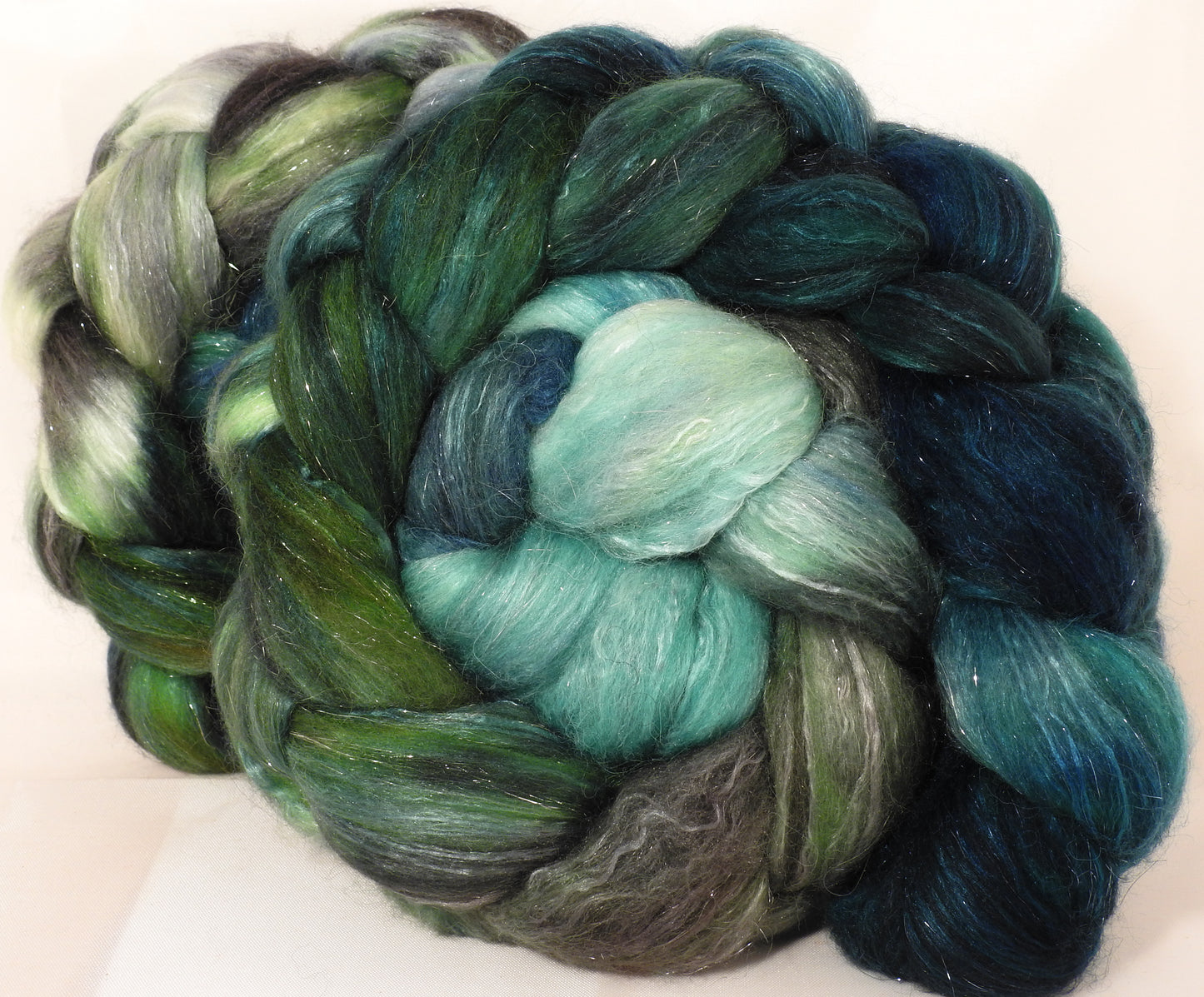 Batt in a Braid #41 - Kraken - (5.45 oz.) Llama / Merino ( 18 mic.)/ Mulberry silk/ Stellina (40/30/25/5) - Inglenook Fibers