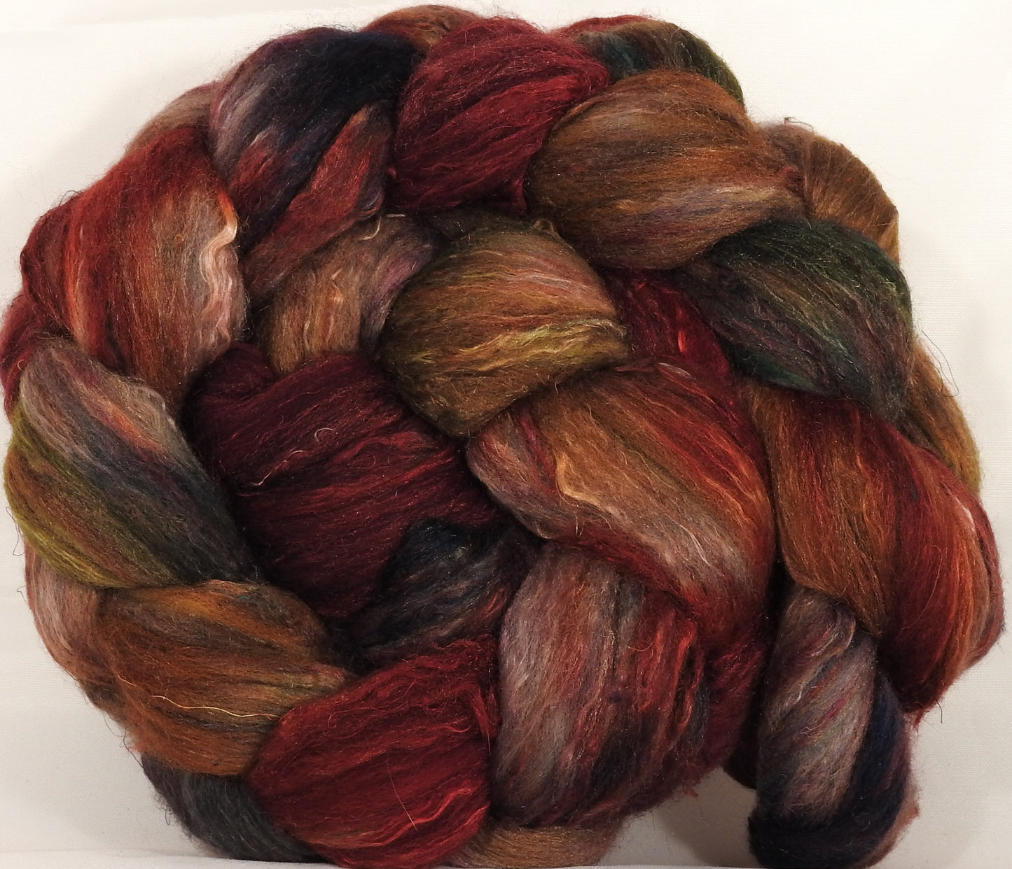 Batt in a Braid #39-SARI-24-(4.5 oz.)Falkland Merino/ Mulberry Silk / Sari Silk (50/25/25) - Inglenook Fibers