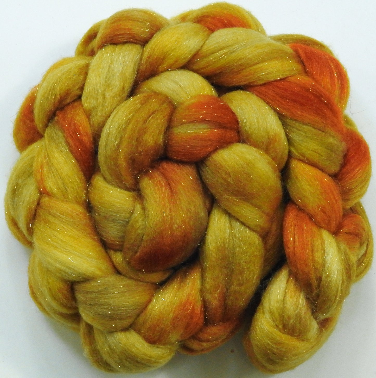 Golden Hour-(5.5 oz) Batt in a Braid #58-Superfine Merino/ Tussah silk/ Gold Stellina(65/25/10)