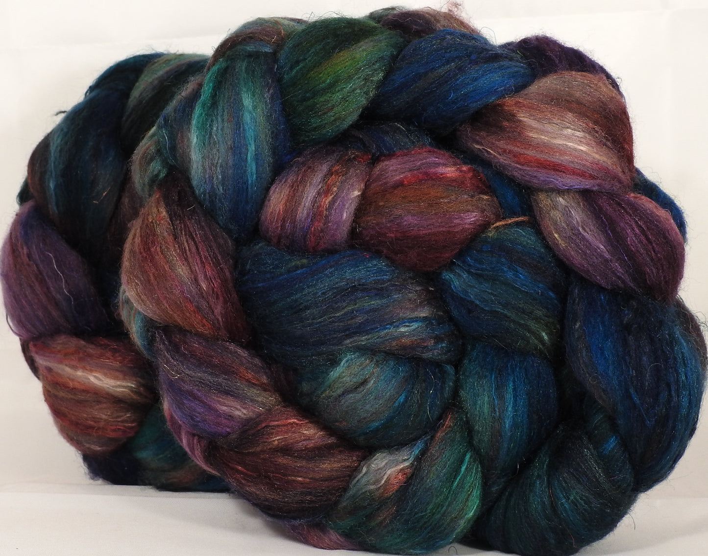 Batt in a Braid #39-SARI-26-(5.3 oz.)Falkland Merino/ Mulberry Silk / Sari Silk (50/25/25) - Inglenook Fibers