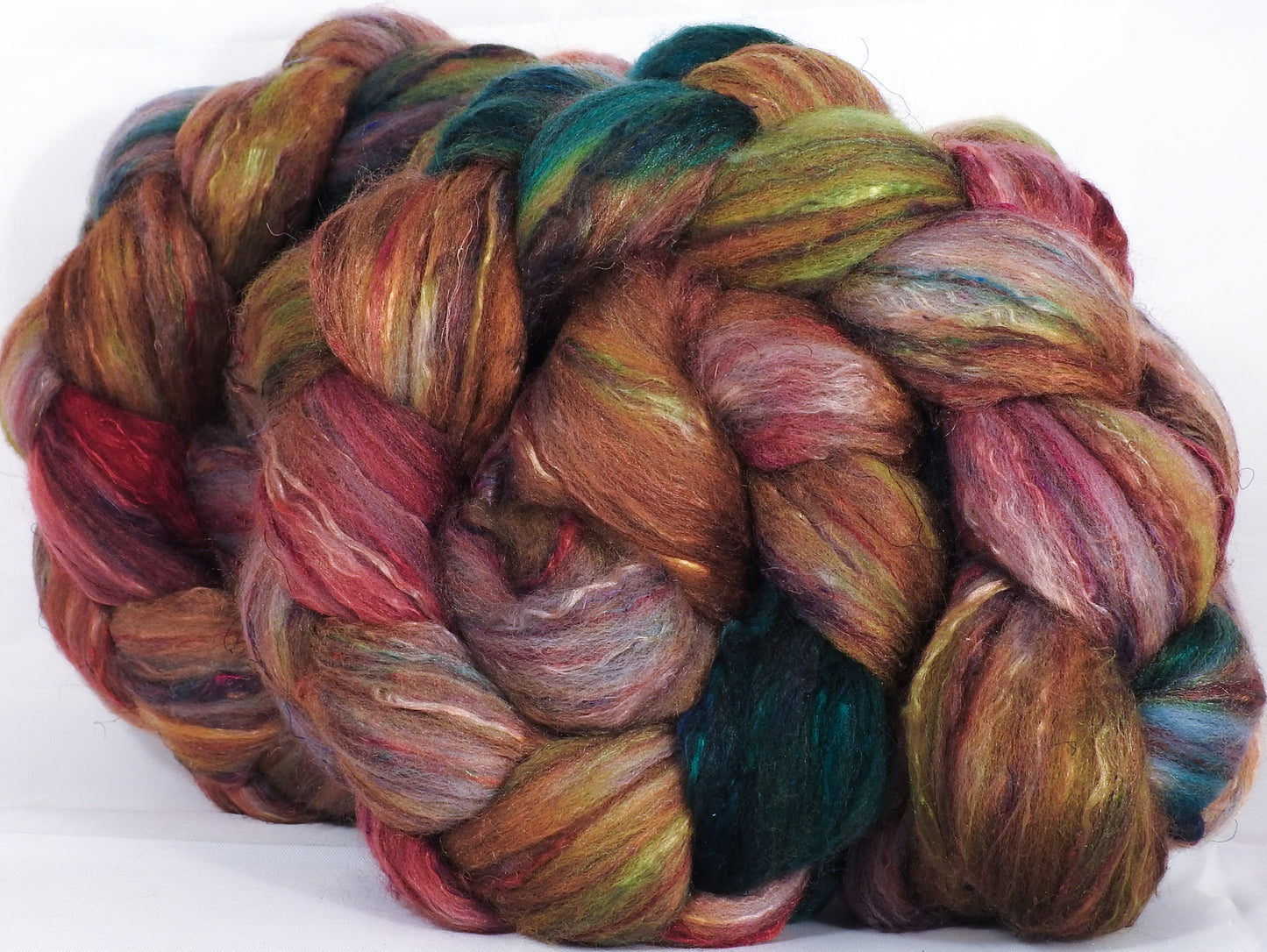 Batt in a Braid #39-SARI- 7 -Falkland Merino/ Mulberry Silk / Sari Silk (50/25/25) - Inglenook Fibers
