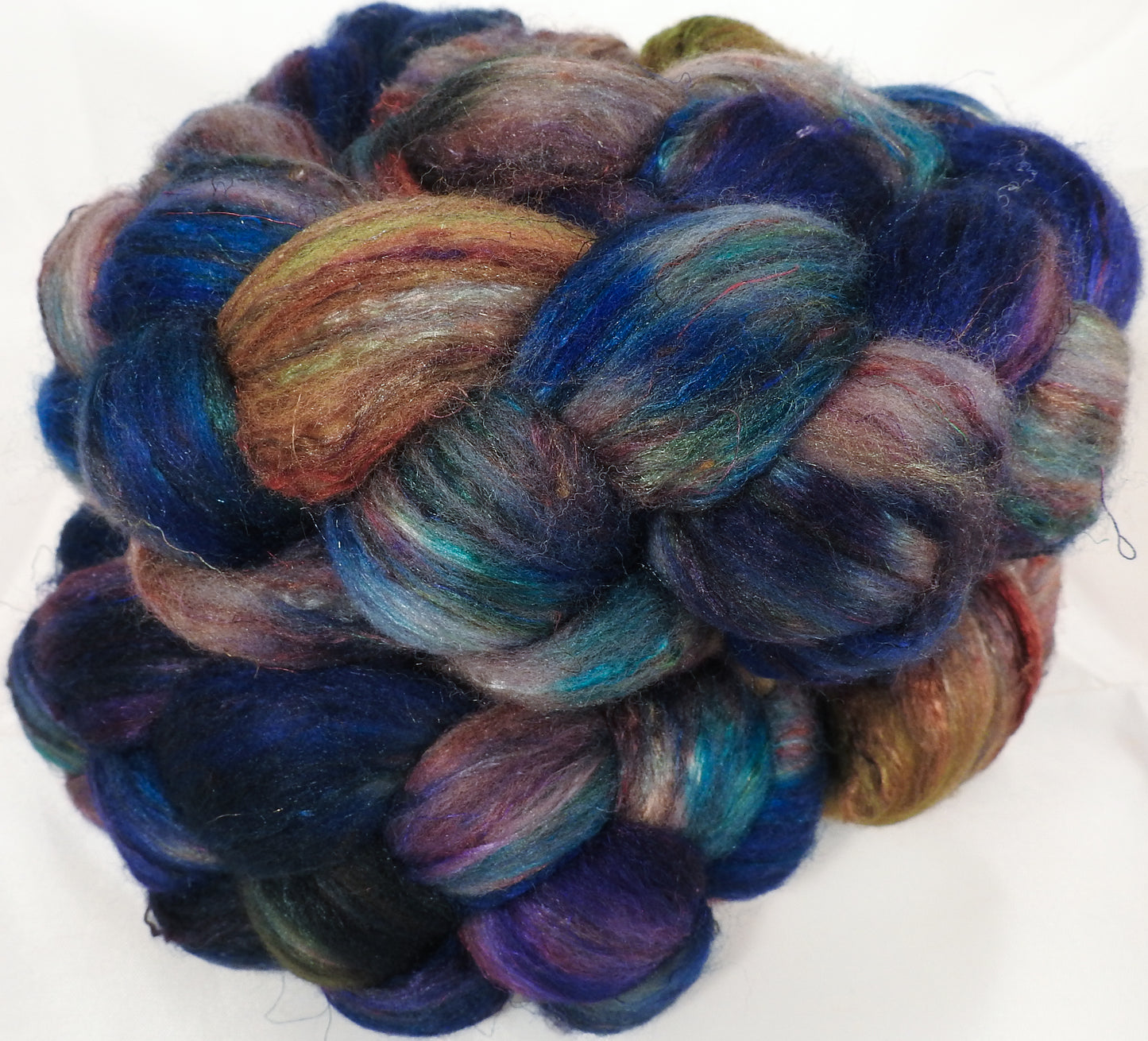 Batt in a Braid #39-SARI-28-(4.7 oz.)Falkland Merino/ Mulberry Silk / Sari Silk (50/25/25) - Inglenook Fibers