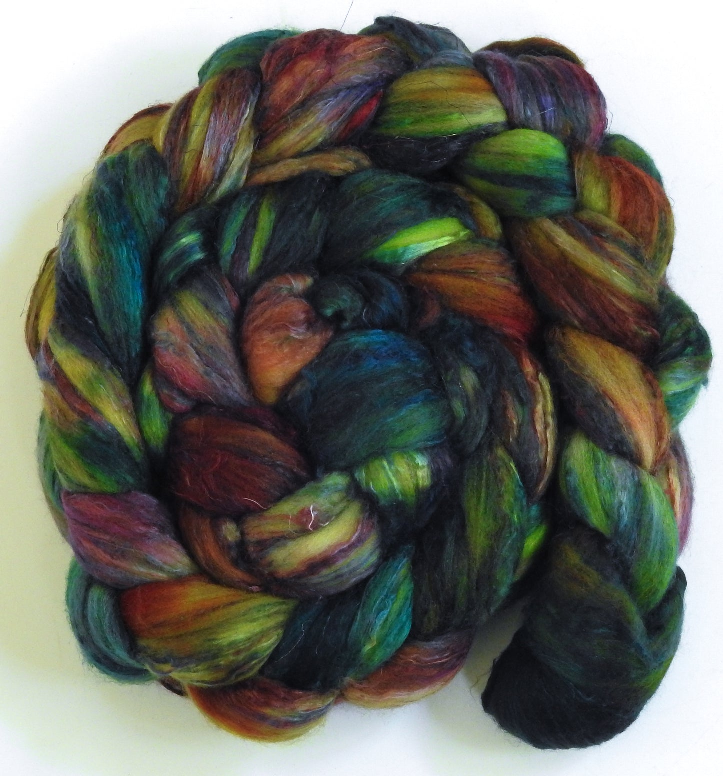 Caladium-(5.8 oz) Batt in a Braid #39 - Merino/ Mulberry Silk / Sari Silk (50/25/25)