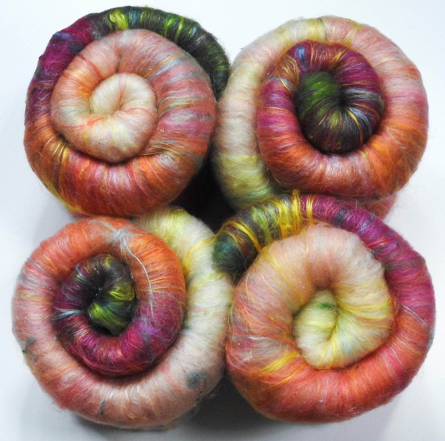 Sparkle Roly-Poly Batts - English Roses (3.8 oz) - 30% Cormo; merino, polwarth, silk, bamboo, silk noil, ANGELINA