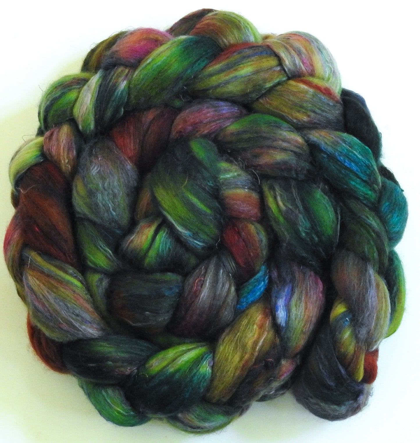 Caladium-(5.8 oz) Batt in a Braid #39 - Merino/ Mulberry Silk / Sari Silk (50/25/25)