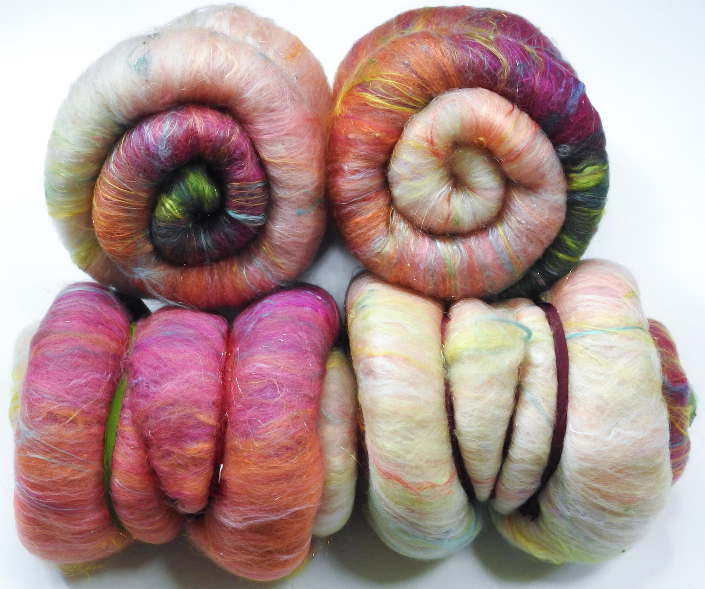 Sparkle Roly-Poly Batts - English Roses (3.8 oz) - 30% Cormo; merino, polwarth, silk, bamboo, silk noil, ANGELINA