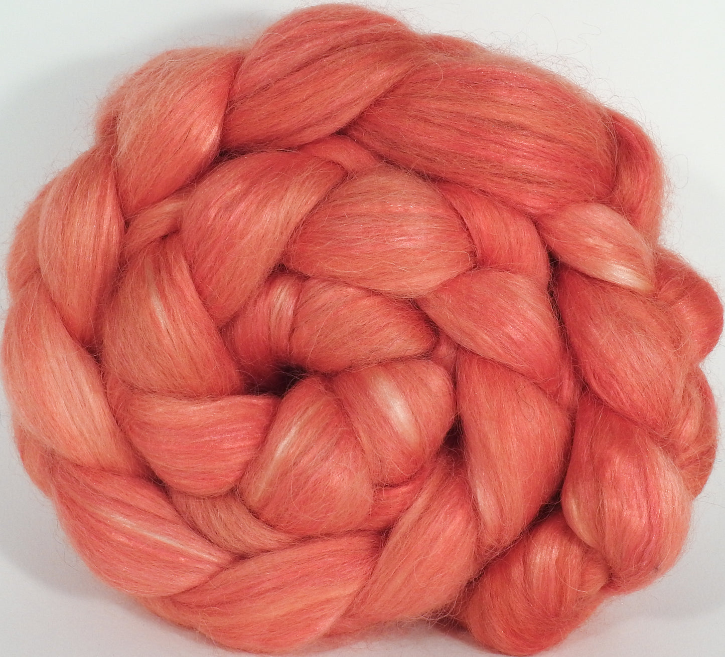 Hand-dyed Wensleydale/ mulberry silk roving ( 65/35) -Flamingo- ( 5.8 oz.) - Inglenook Fibers