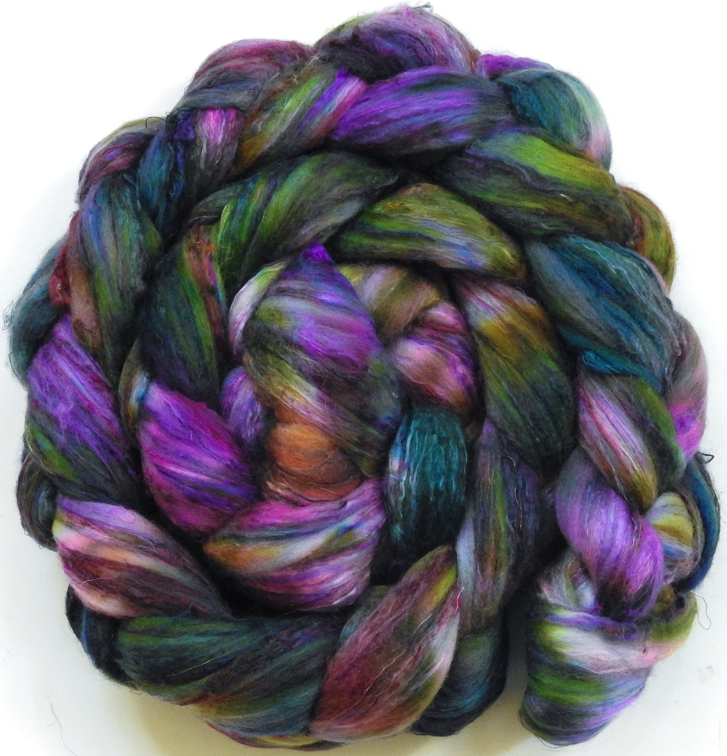 Nympheas-(6 oz) Batt in a Braid #39 - Merino/ Mulberry Silk / Sari Silk (50/25/25)