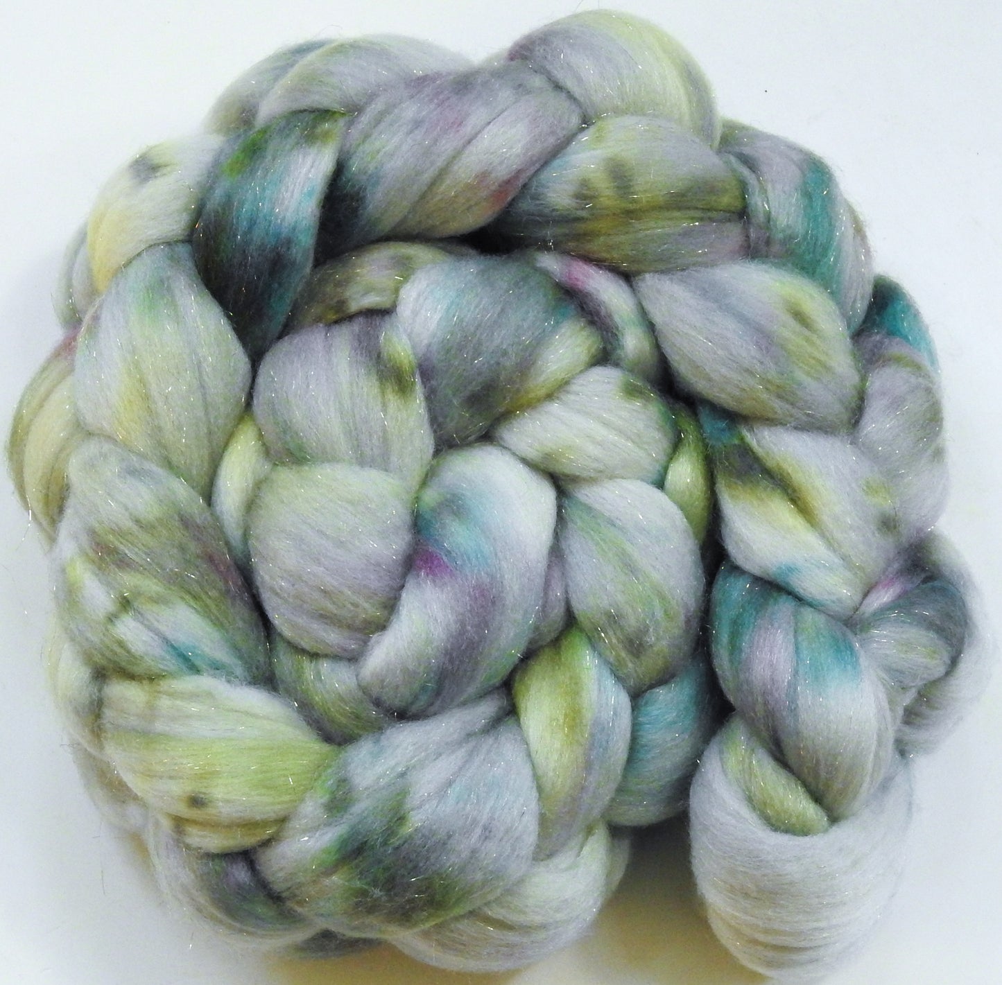 Moonstone-(5.5 oz) Batt in a Braid #58-Superfine Merino/ Tussah silk/ Gold Stellina(65/25/10)