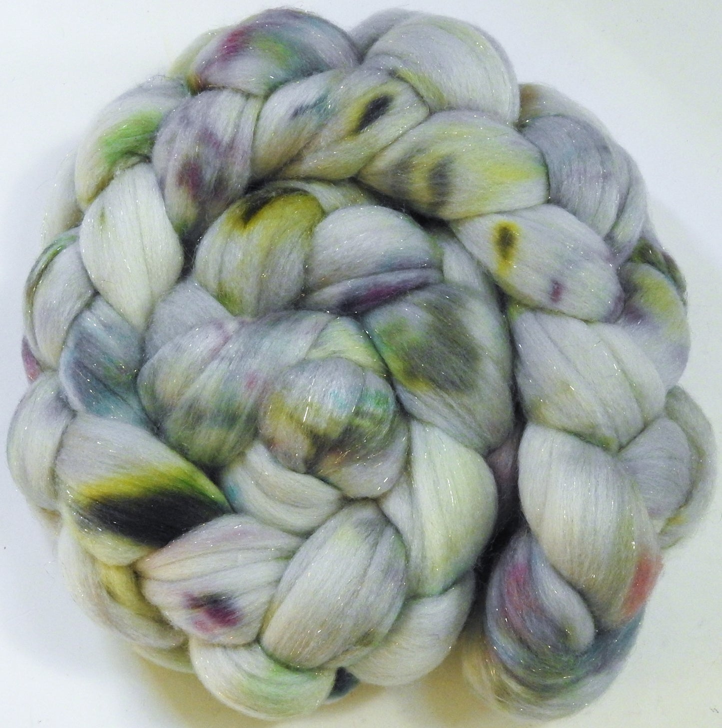 Moonstone-(5.5 oz) Batt in a Braid #58-Superfine Merino/ Tussah silk/ Gold Stellina(65/25/10)