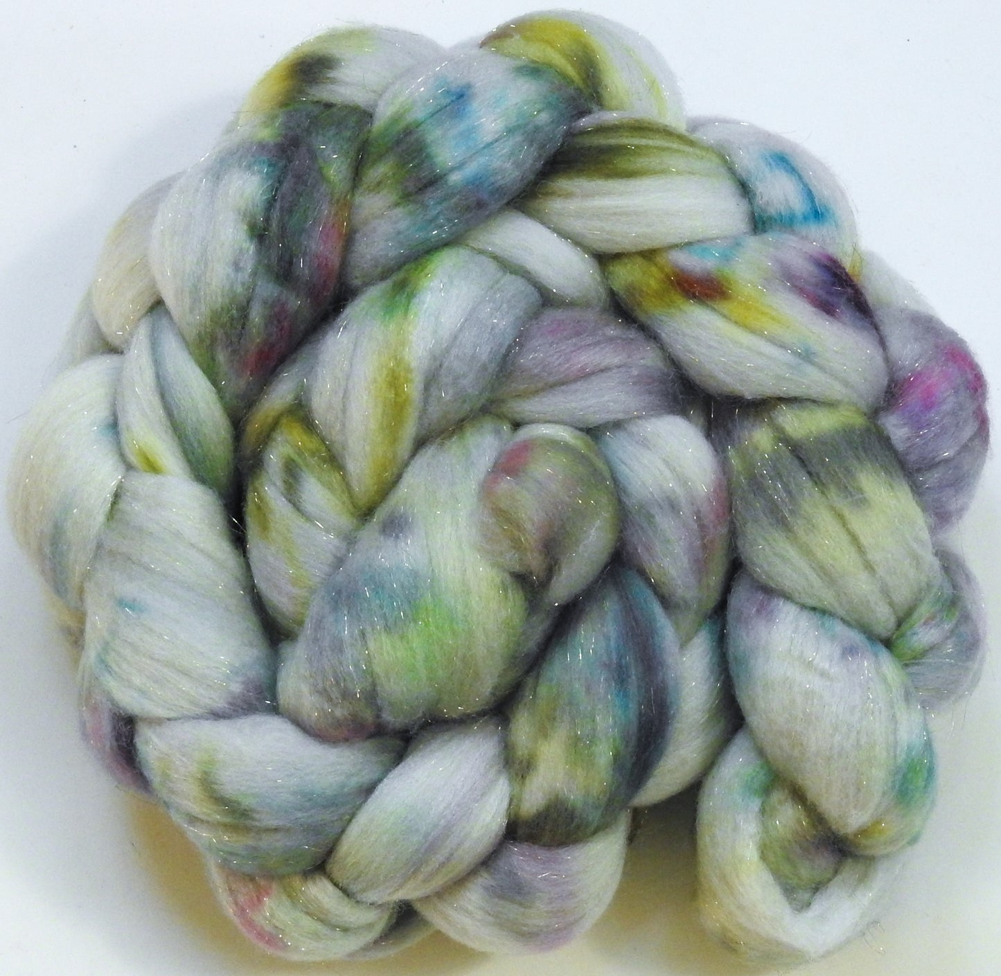 Moonstone-(5.5 oz) Batt in a Braid #58-Superfine Merino/ Tussah silk/ Gold Stellina(65/25/10)