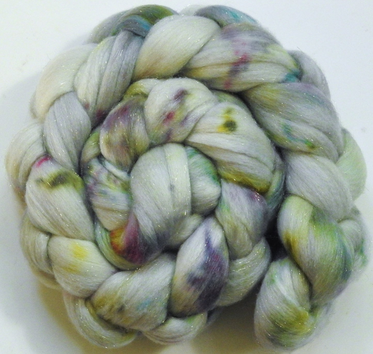 Moonstone-(5.5 oz) Batt in a Braid #58-Superfine Merino/ Tussah silk/ Gold Stellina(65/25/10)