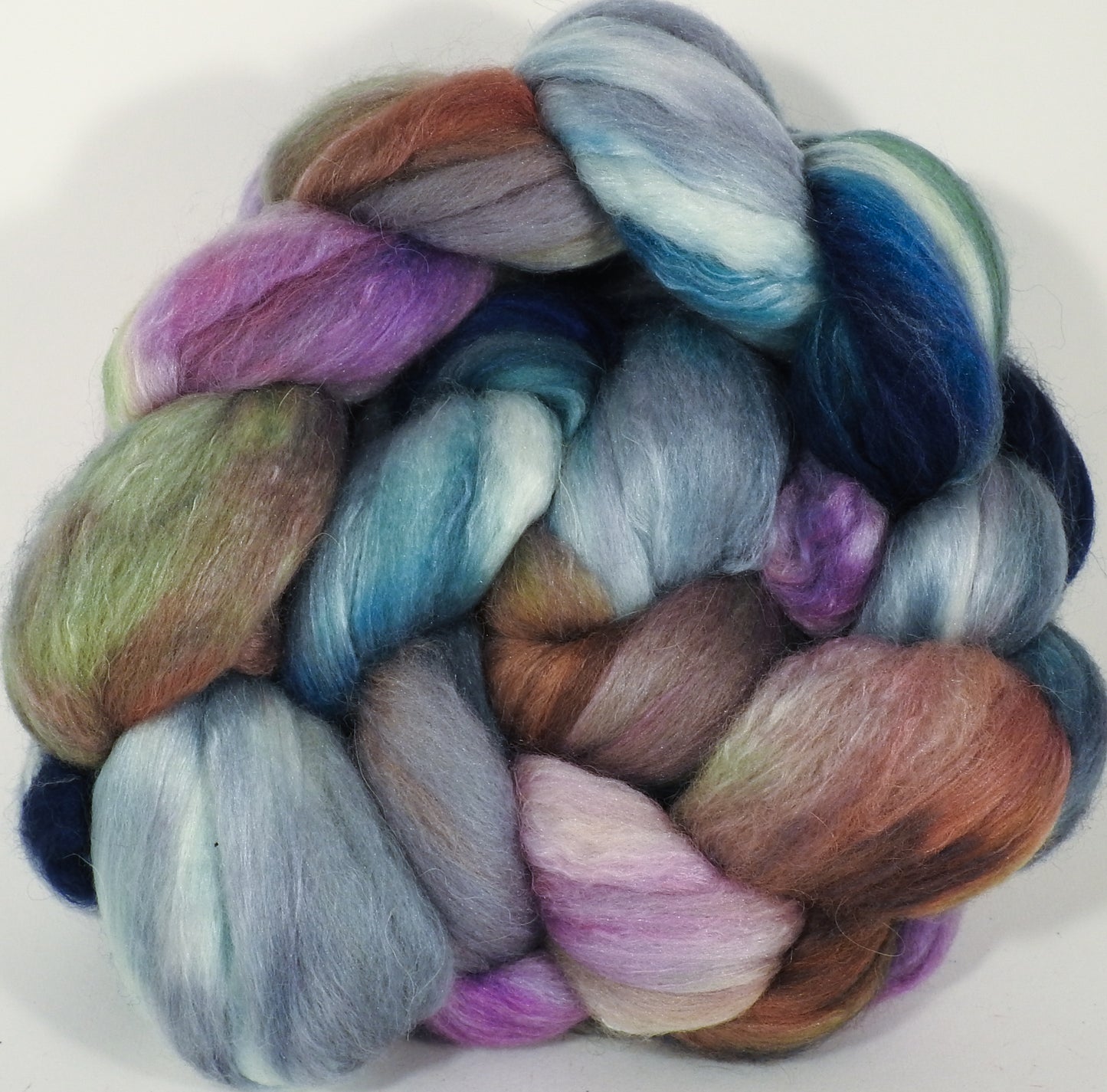 Batt in a Braid #25- Oysters - 5.1 oz. - De-haired Llama/ Polwarth/ Mulberry Silk (33/33/33 ) - Inglenook Fibers