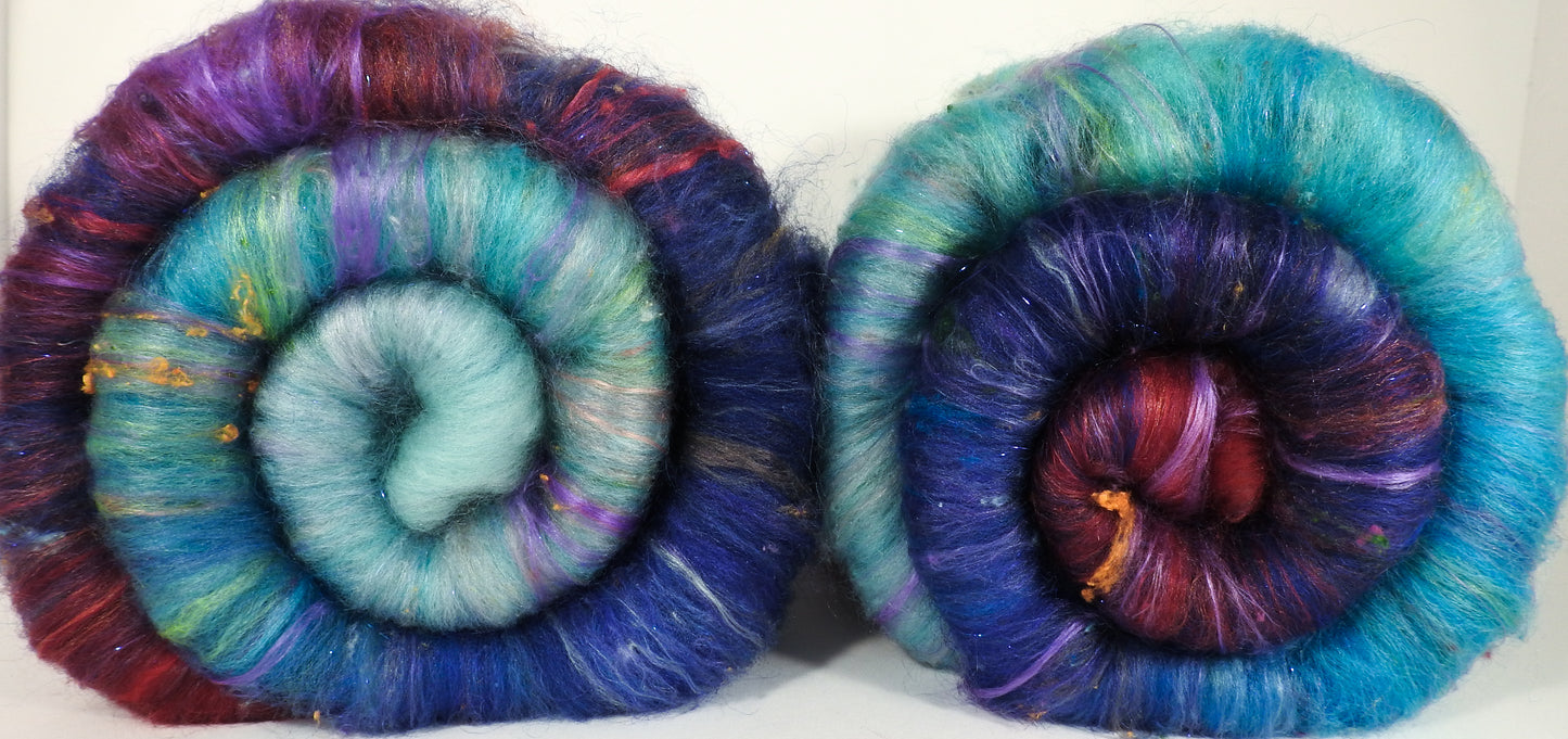 Advice from a Caterpillar - Roly Poly batts- 35% Cotswold fleece, merino, silk, bamboo, silk noil (angelina in the sparkle batts) - Inglenook Fibers