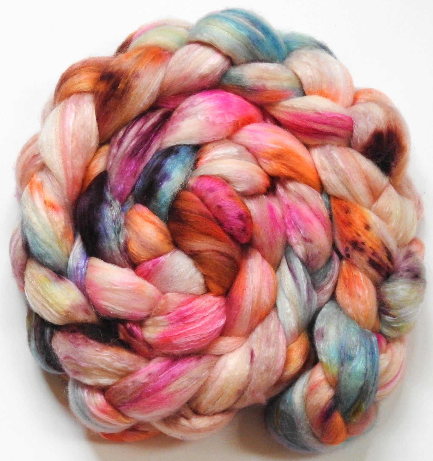 Sourpuss-(5.7 oz.) Batt in a Braid #5- Merino/ Camel/ silk/ faux cashmere/ firestar (25/25/25/12/12)