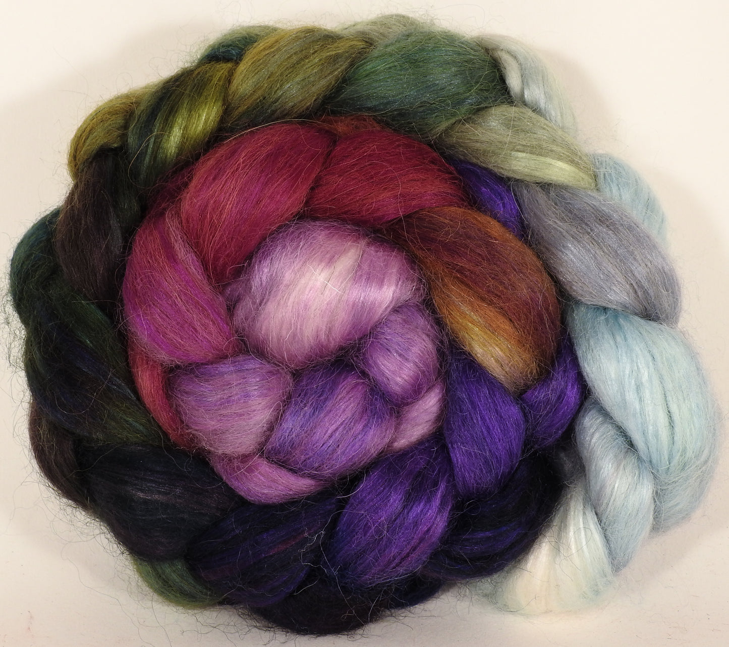 Hand-dyed wensleydale/ mulberry silk roving ( 65/35) -Cabbages & Kings - Inglenook Fibers