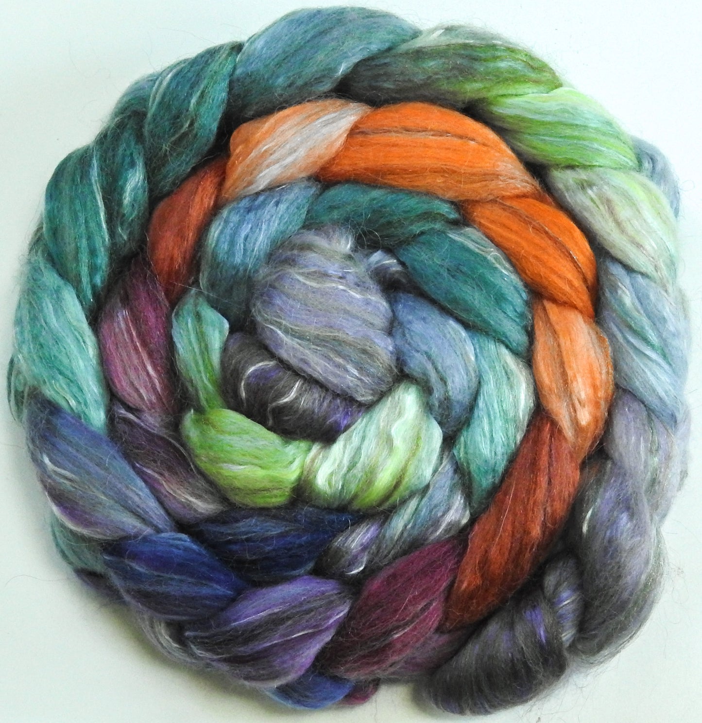 Ruby Throat (6.1 oz.) -Batt in a Braid #31- Polwarth/ Mulberry Silk / Baby Alpaca / Rainbow Firestar/ Tencel( 40/25/15/10/10)