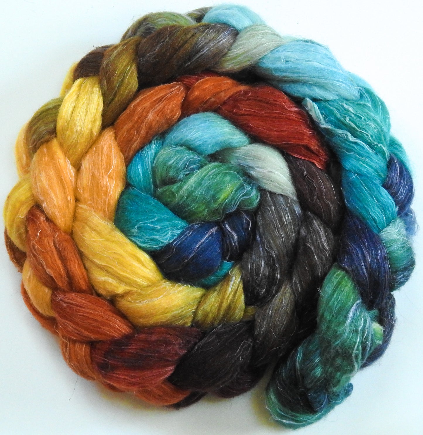 Harvest Moon-Batt in a Braid #29 -(6 oz.) Rambouillet / Tussah / Flax (40/40/20)