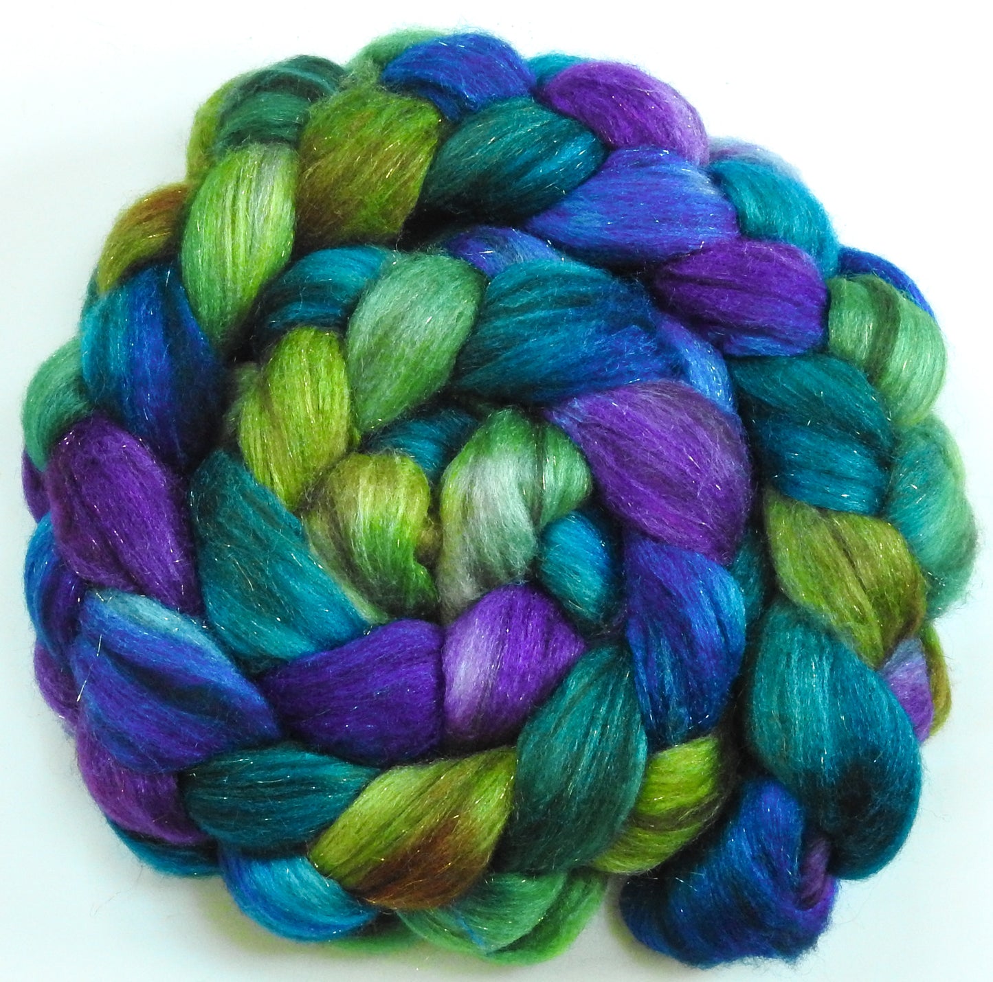 Dragonfly -(5.4 oz) Batt in a Braid #53- YAK/ Tussah silk/ Superfine Merino/Gold Stellina(30/30/30/10)