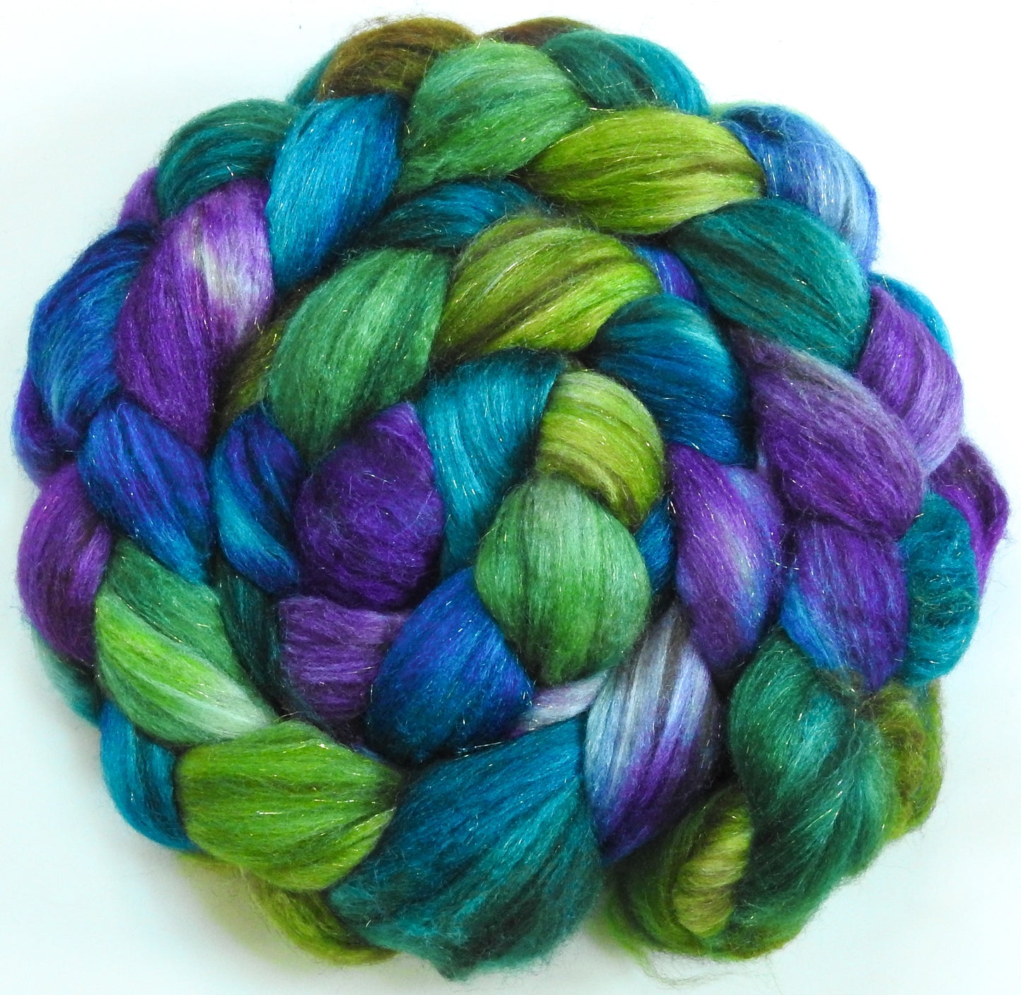 Dragonfly -(5.4 oz) Batt in a Braid #53- YAK/ Tussah silk/ Superfine Merino/Gold Stellina(30/30/30/10)