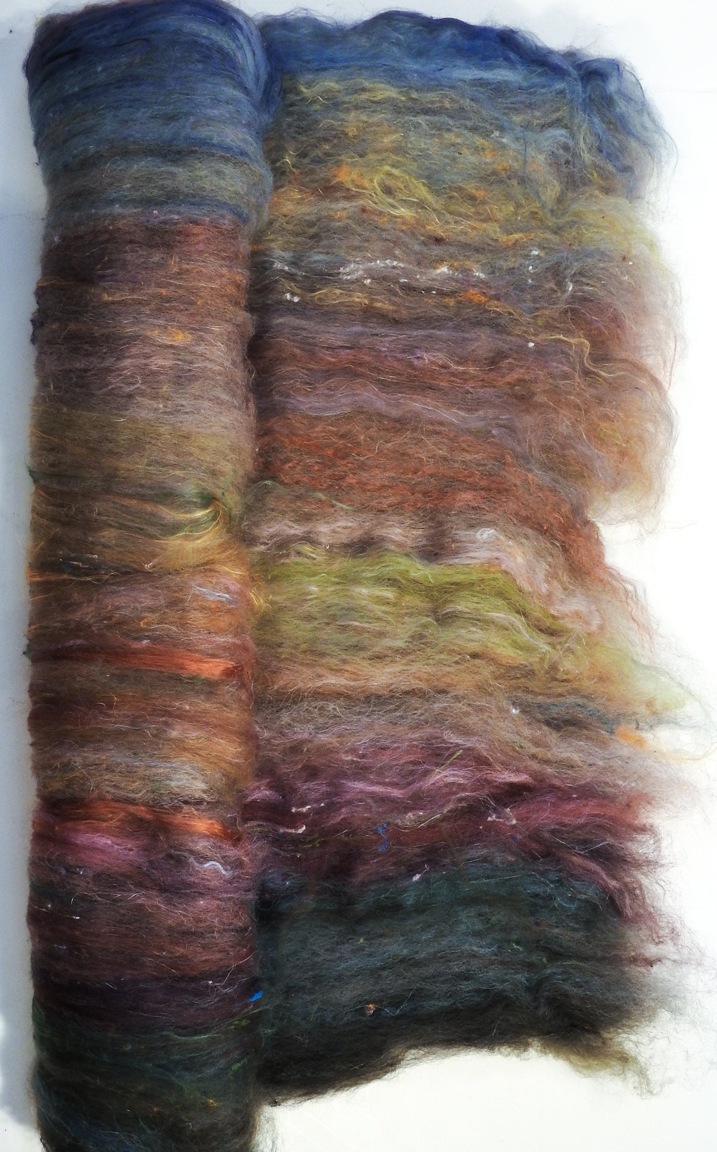 The Mock Turtle - Roly Poly batts - (3.5 oz) Coopworth/Romney, merino, silk, rambouillet, bamboo, silk noil, FLAX - Inglenook Fibers