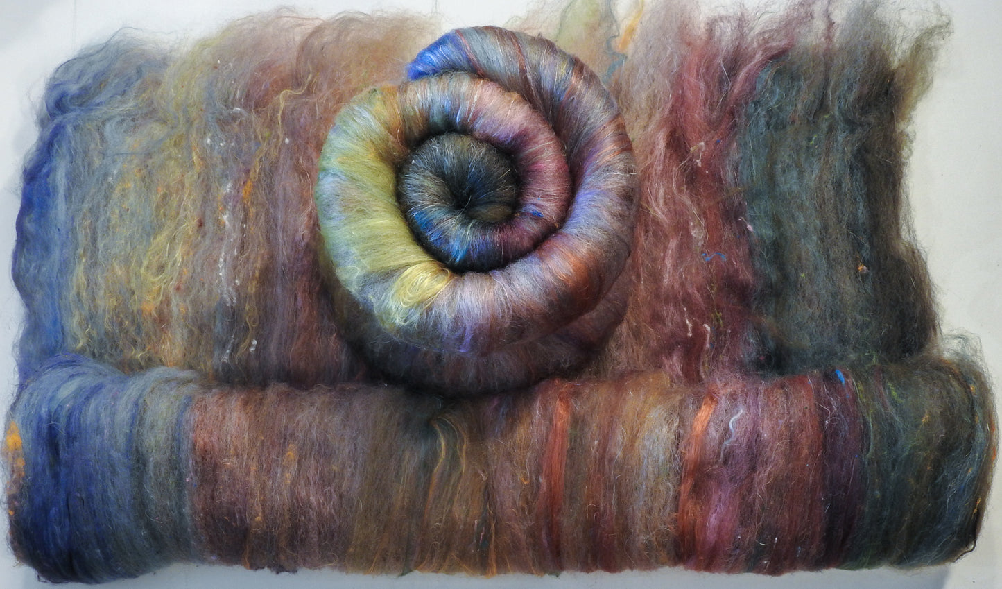 The Mock Turtle - Roly Poly batts - (3.5 oz) Coopworth/Romney, merino, silk, rambouillet, bamboo, silk noil, FLAX - Inglenook Fibers
