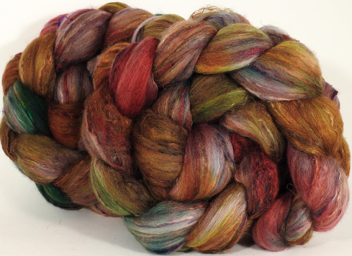 Batt in a Braid #39- SARI-#7 - (4.7 oz.) Falkland Merino/ Mulberry Silk / Sari Silk (50/25/25) - Inglenook Fibers