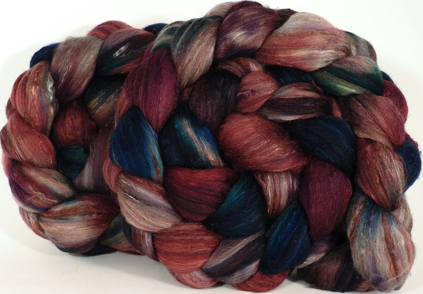 Batt in a Braid #39- SARI-#3 - Falkland Merino/ Mulberry Silk / Sari Silk (50/25/25) - Inglenook Fibers