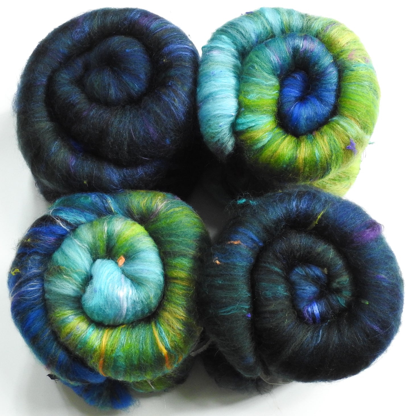 Non-Sparkle Roly-Poly Batts - Green Headed Tanager (3.7 oz)- 30% Bond Fleece ; merino, polwarth, silk, bamboo, silk noil