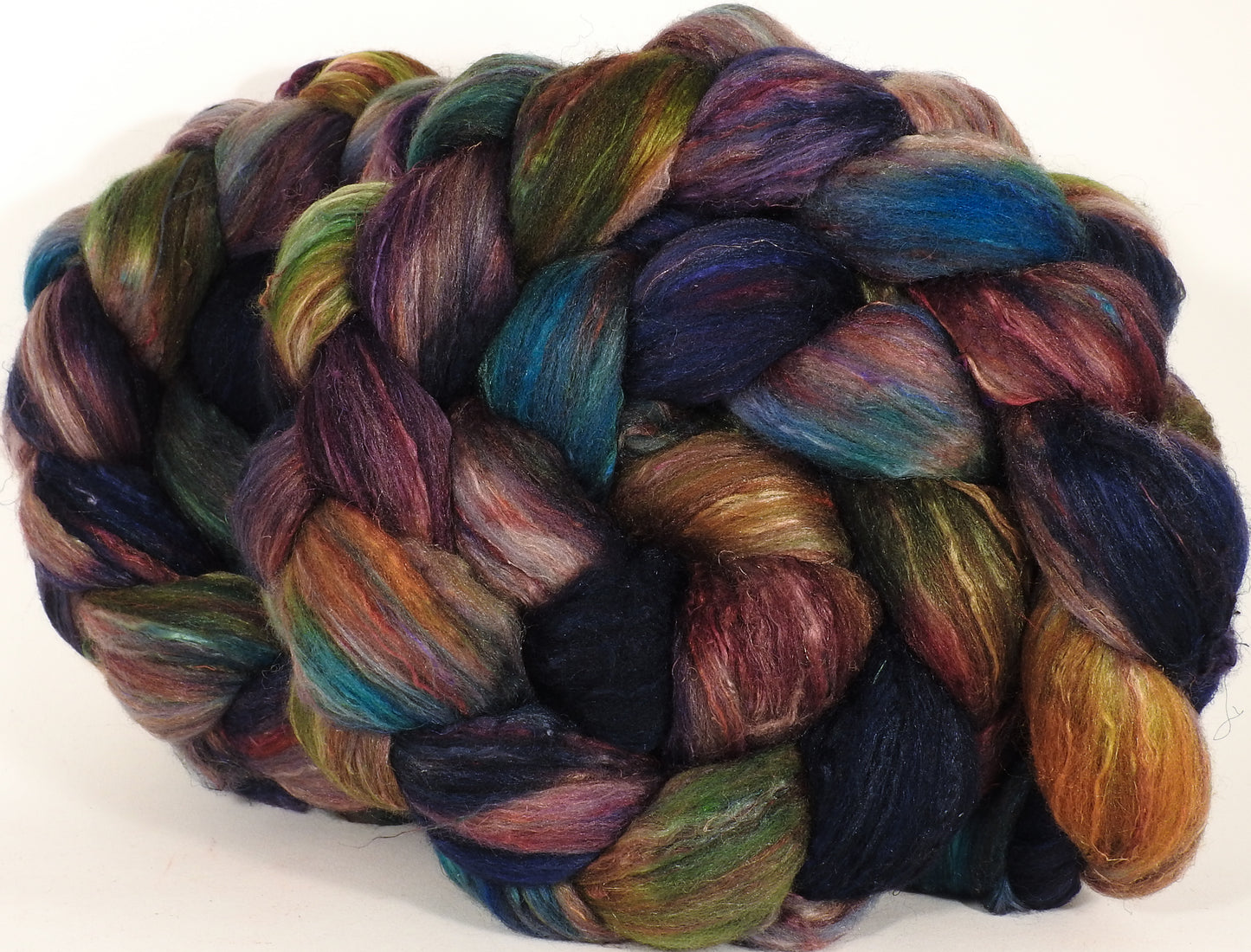 Batt in a Braid #39- SARI-#19 -(5.45 oz.) Falkland Merino/ Mulberry Silk / Sari Silk (50/25/25) - Inglenook Fibers