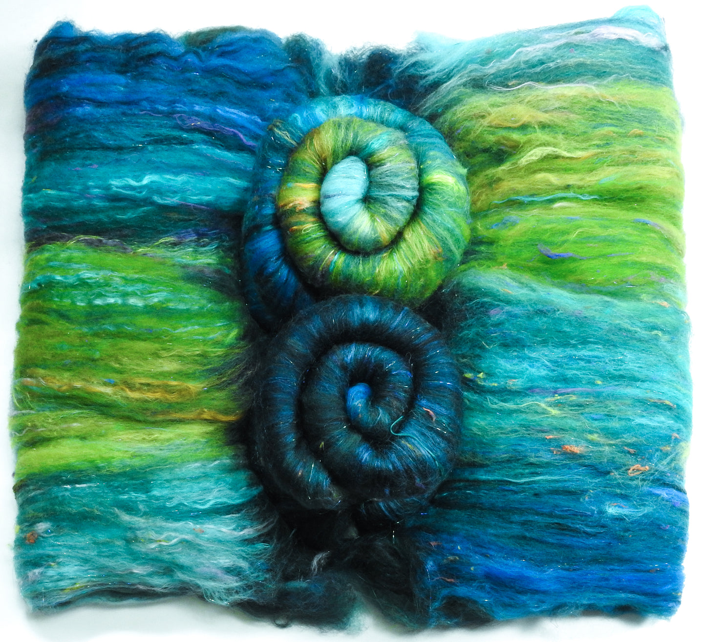 Sparkle Roly-Poly Batts - Green Headed Tanager (3.9 oz) - 30% Bond Fleece ; merino, polwarth, silk, bamboo, silk noil, ANGELINA