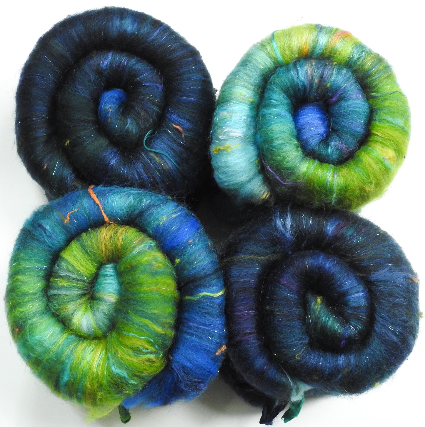 Sparkle Roly-Poly Batts - Green Headed Tanager (3.9 oz) - 30% Bond Fleece ; merino, polwarth, silk, bamboo, silk noil, ANGELINA
