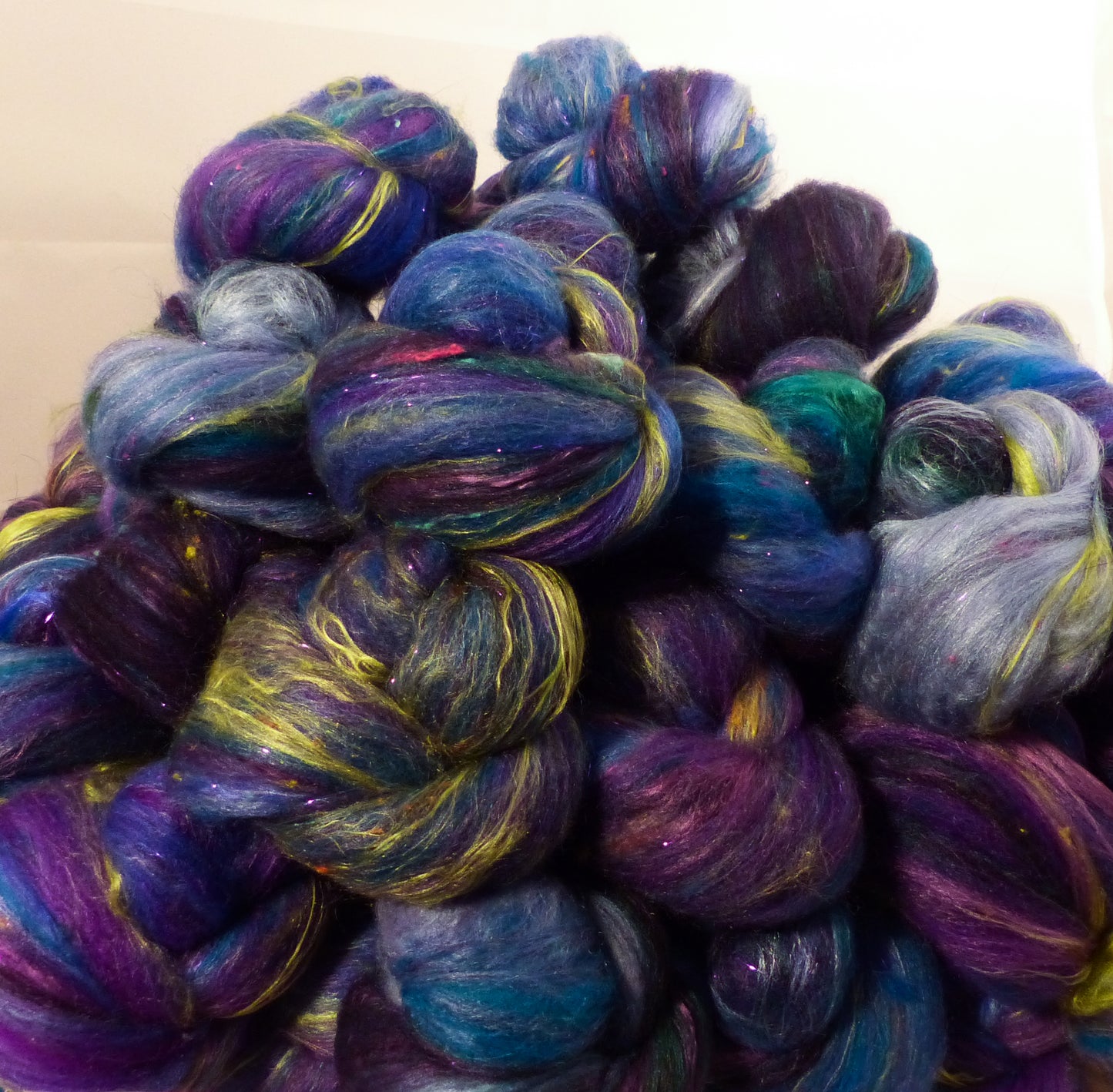 Delphiniums - Sticklebatts (4 oz) - 30% Bowmont x Dorset fleece; merino, rambouillet, bfl, silk, bamboo, silk noil, angelina - Inglenook Fibers