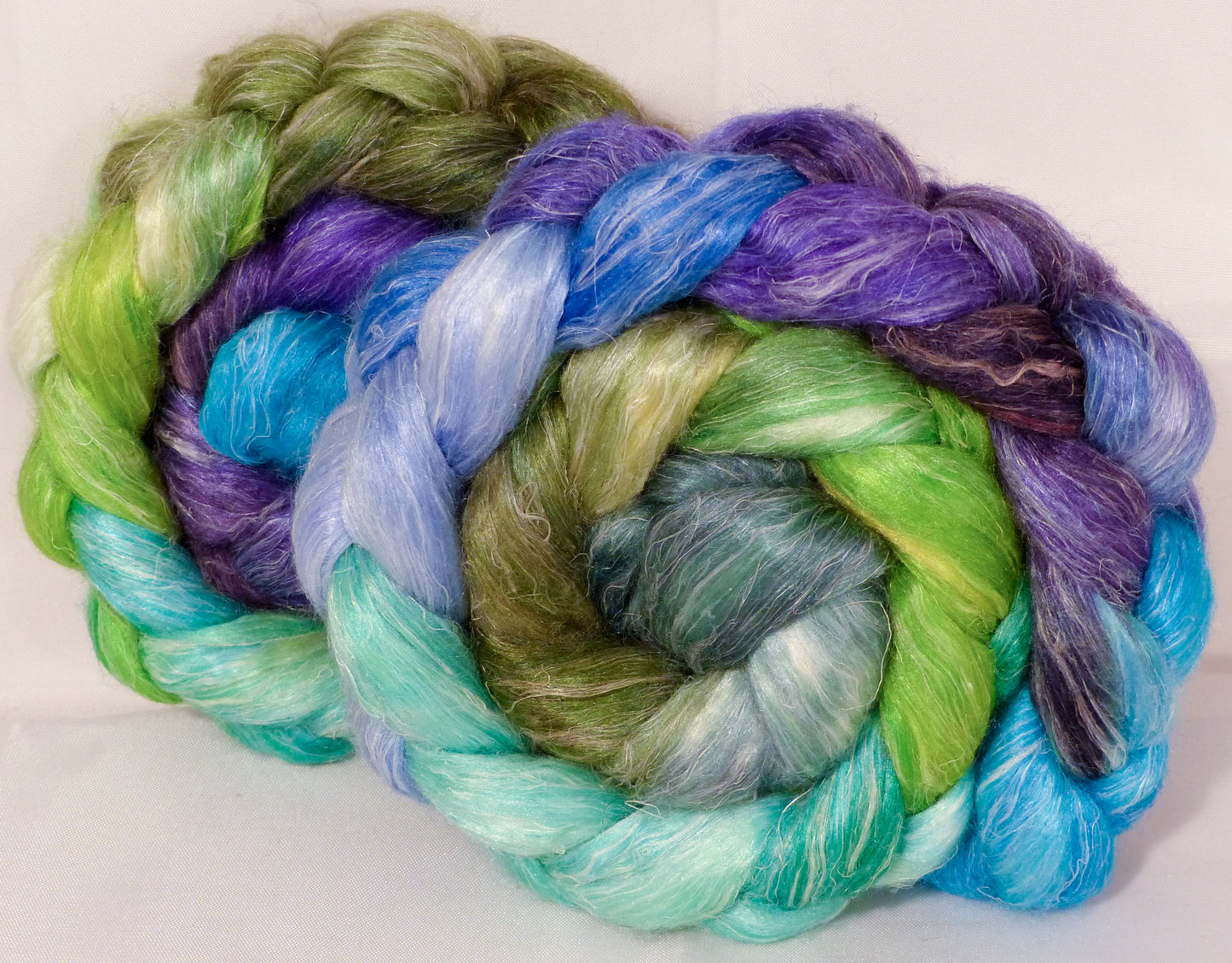 Hand dyed Tussah Silk / flax roving -Water Pixie - ( 65/35)- (4.8 oz.) - Inglenook Fibers