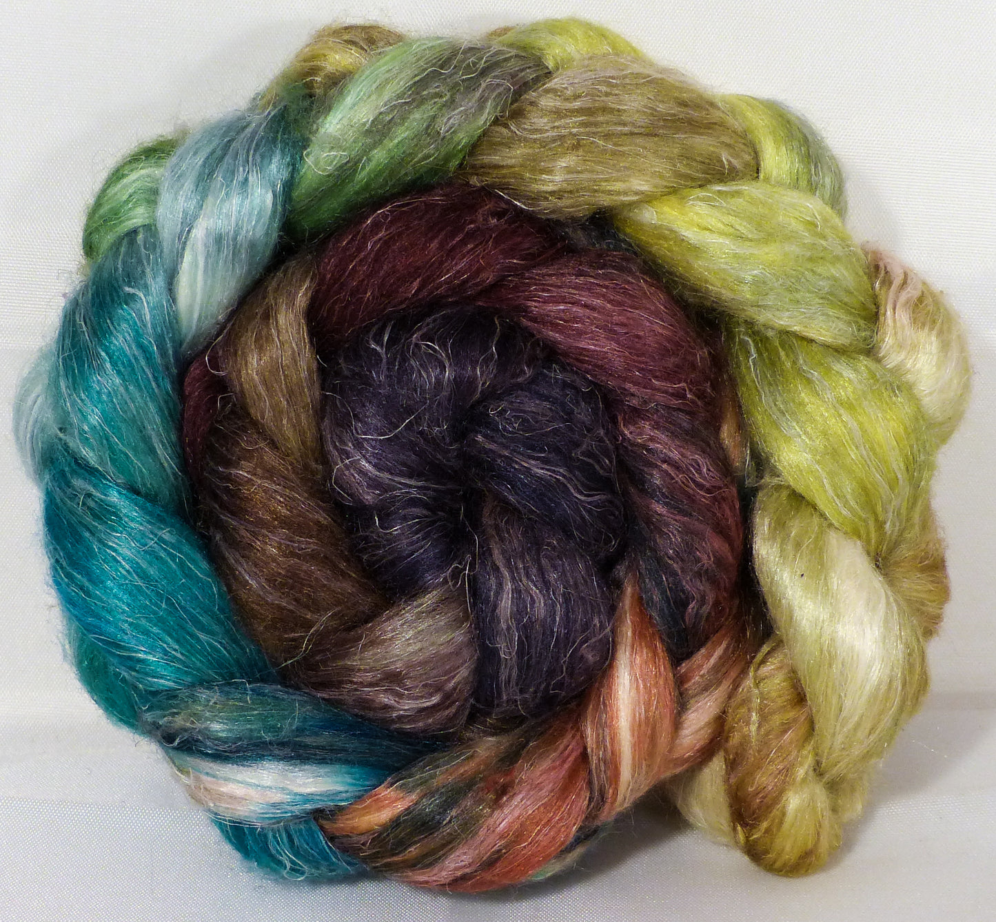 Hand dyed Tussah Silk / flax roving -Toadstools- ( 65/35)- (4.6 oz.) - Inglenook Fibers