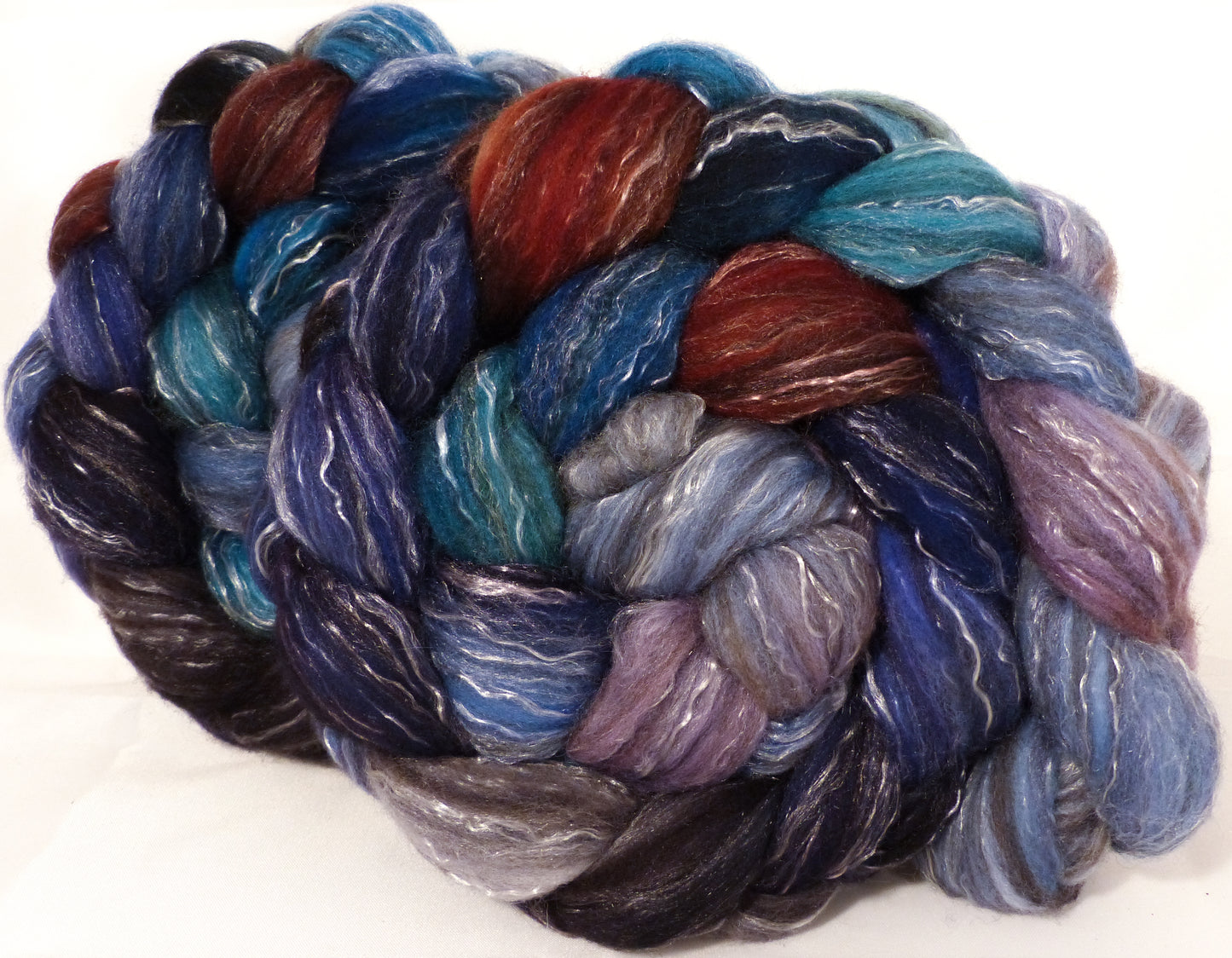 Batt in a Braid #2 -Stellar's Jay -(5.1 oz.)Polwarth/ Manx / Black tussah silk/ tencel (40/20/20/20) - Inglenook Fibers